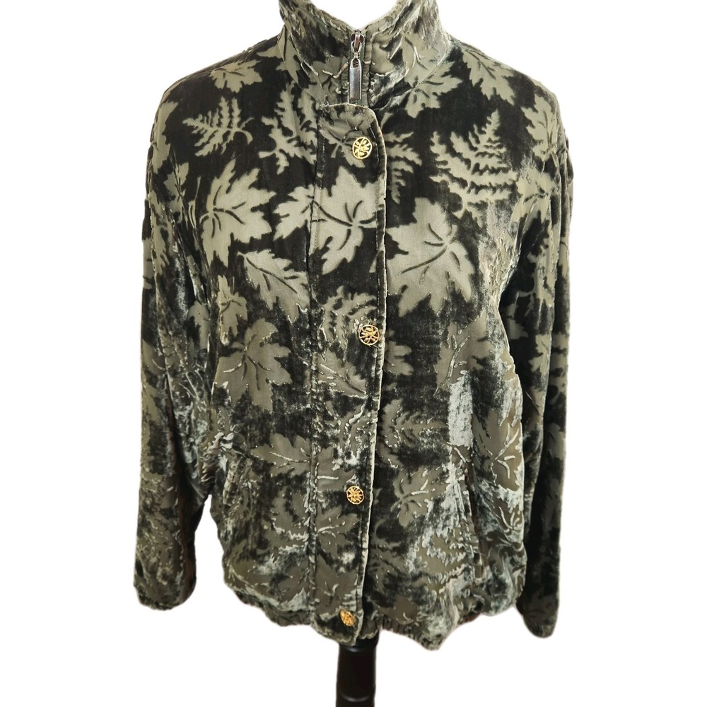Vtg Mureli Silk Velvet Bomber Jacket Womens‎ Sz Small Green Leaf Print 90s Y2K